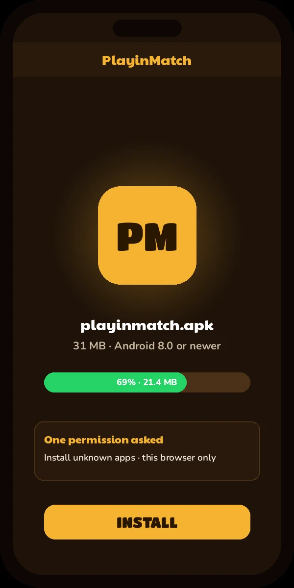 PlayinMatch app download screen inside a phone frame showing the file size