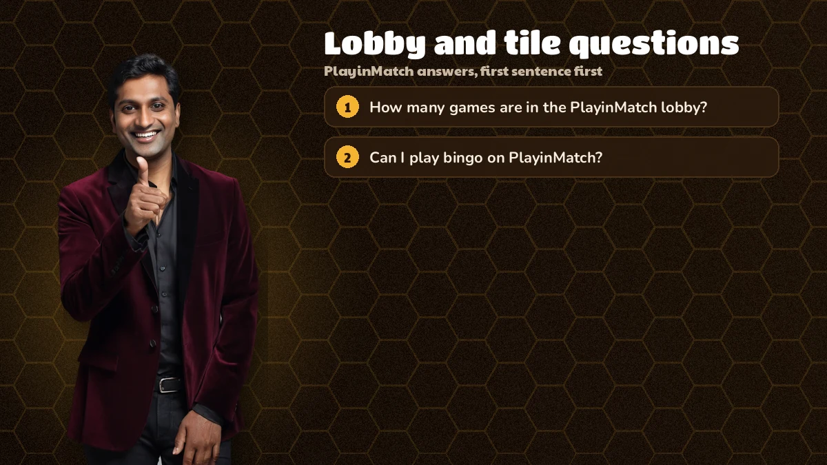 PlayinMatch host pointing toward a grid of round game tiles and a question card
