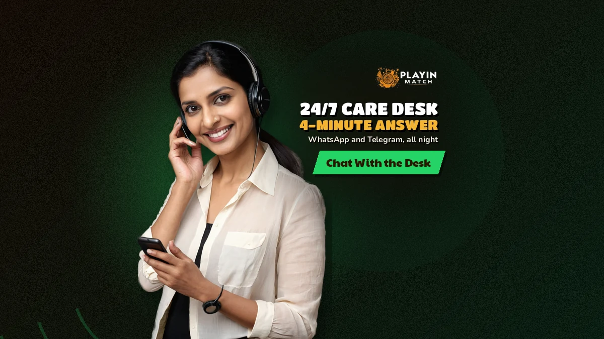 PlayinMatch support agent with headset answering WhatsApp chats at the desk