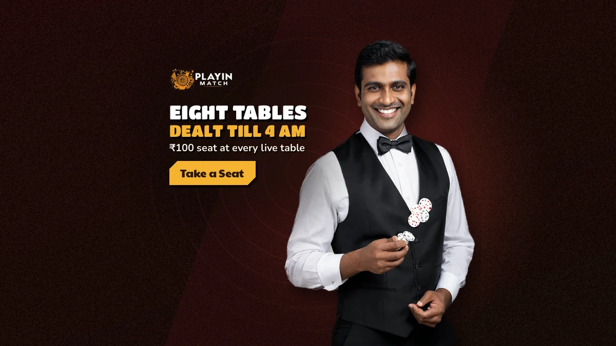 Smiling dealer at a PlayinMatch casino card table late at night