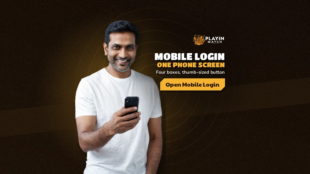 Player holding a phone open on the PlayinMatch com mobile login sheet