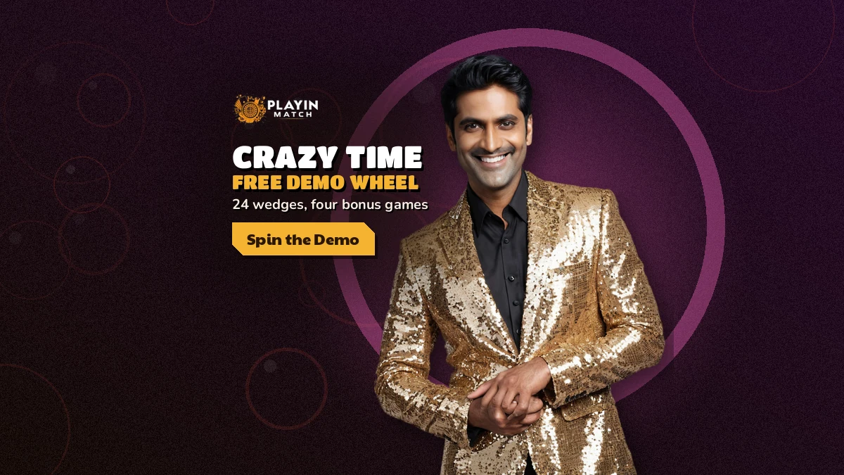 PlayinMatch crazy time hero with a presenter beside the demo wheel