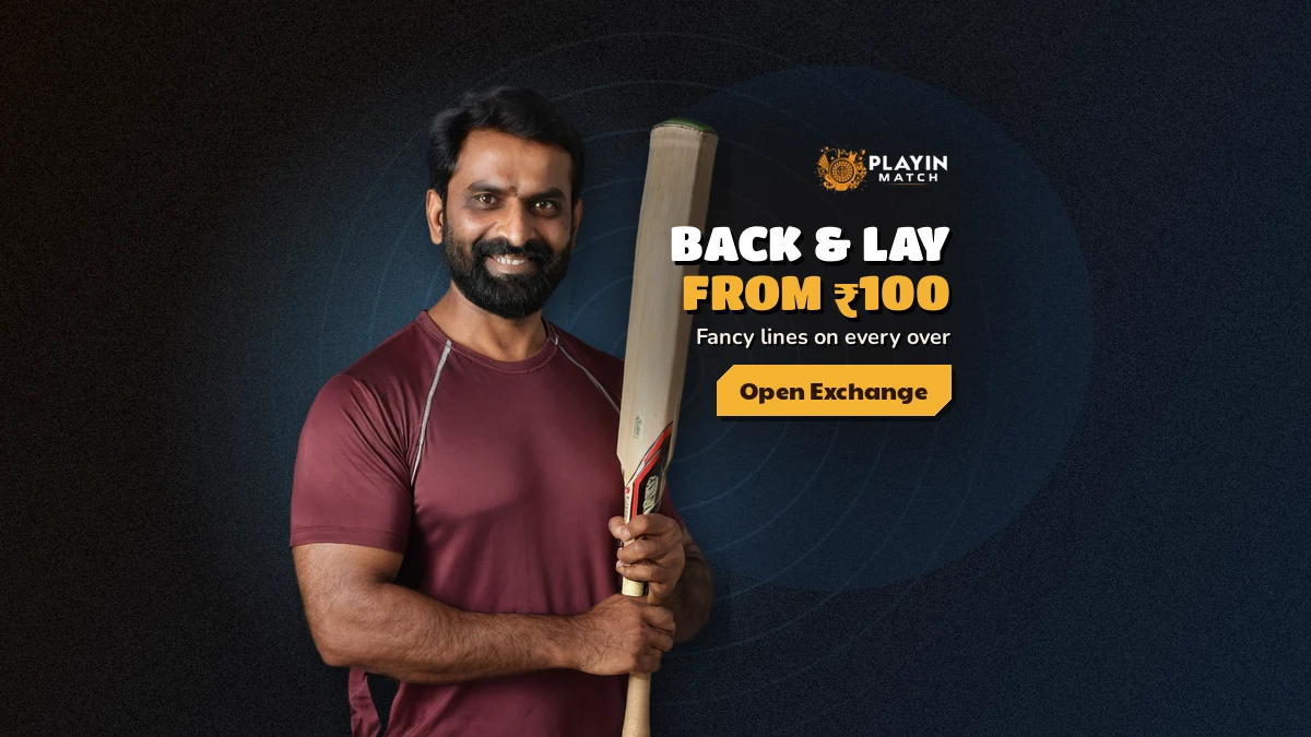PlayinMatch exchange banner with a cricketer beside back and lay price columns