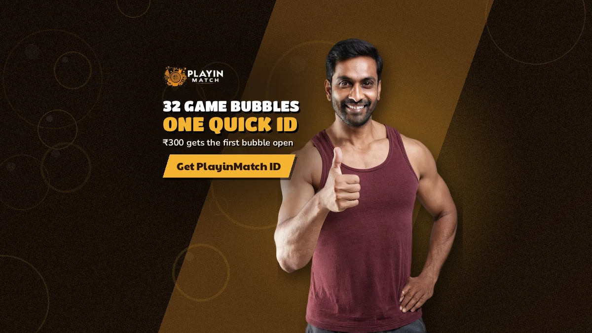 Cricketer with a phone beside floating PlayinMatch lobby bubbles