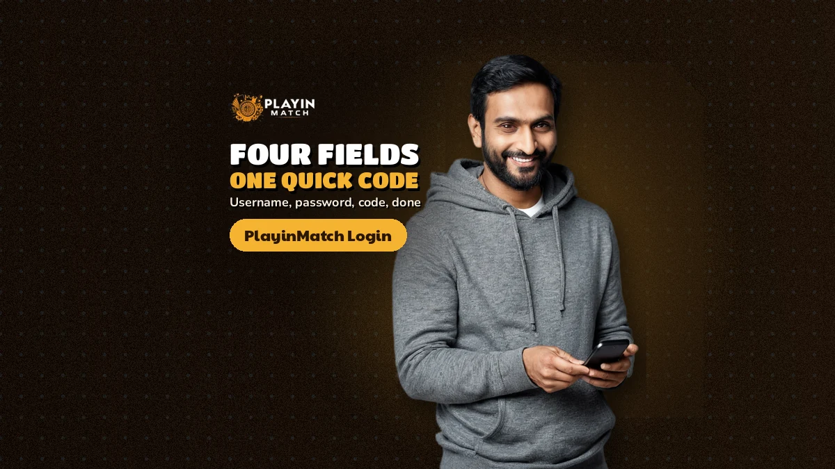 Player holding a phone open on the PlayinMatch sign-in screen at a floodlit ground