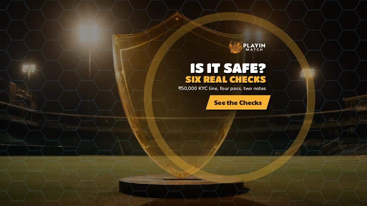 PlayinMatch safety banner showing a shield over a floodlit cricket ground