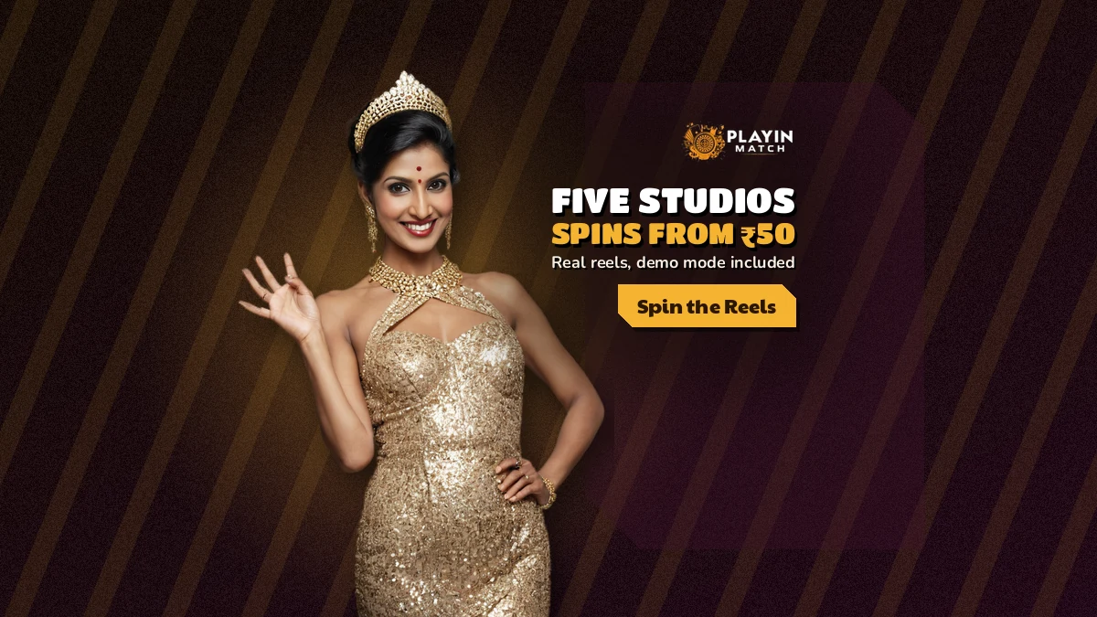 Smiling casino host beside glowing reel symbols on the PlayinMatch slots banner