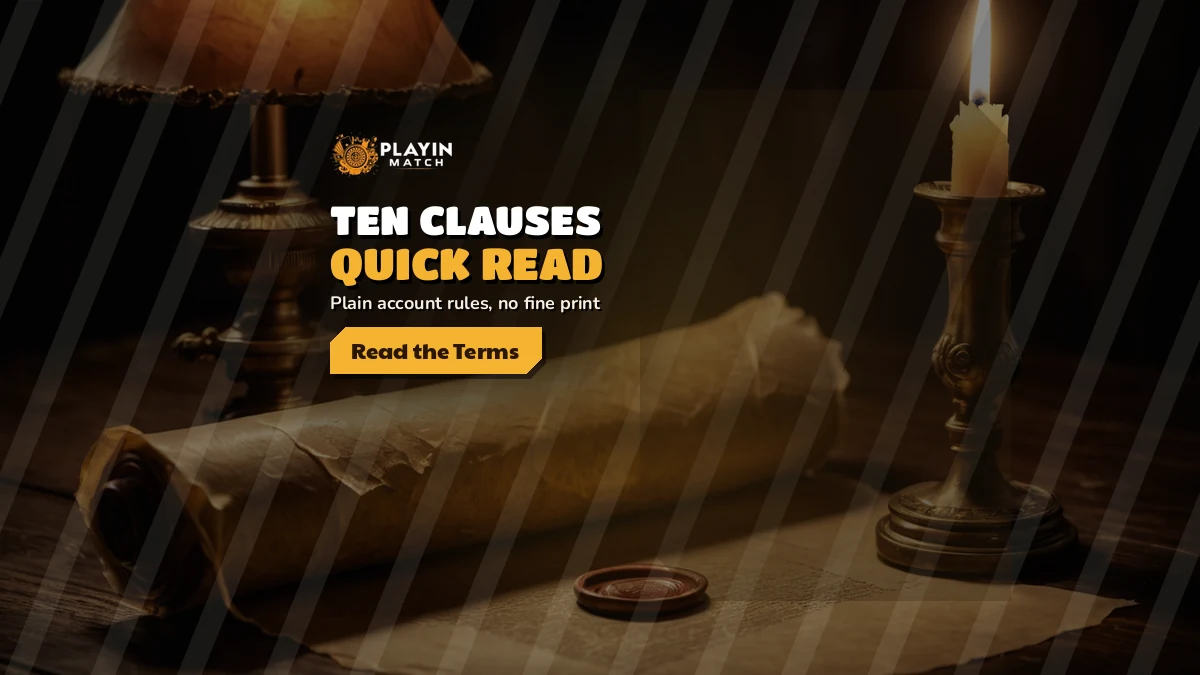 PlayinMatch rulebook scroll listing ten numbered account clauses