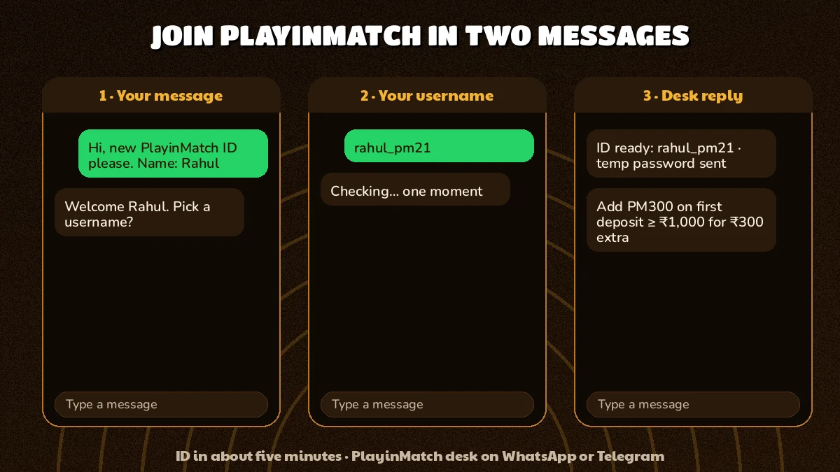 Three PlayinMatch chat screens showing name, username and the new ID reply