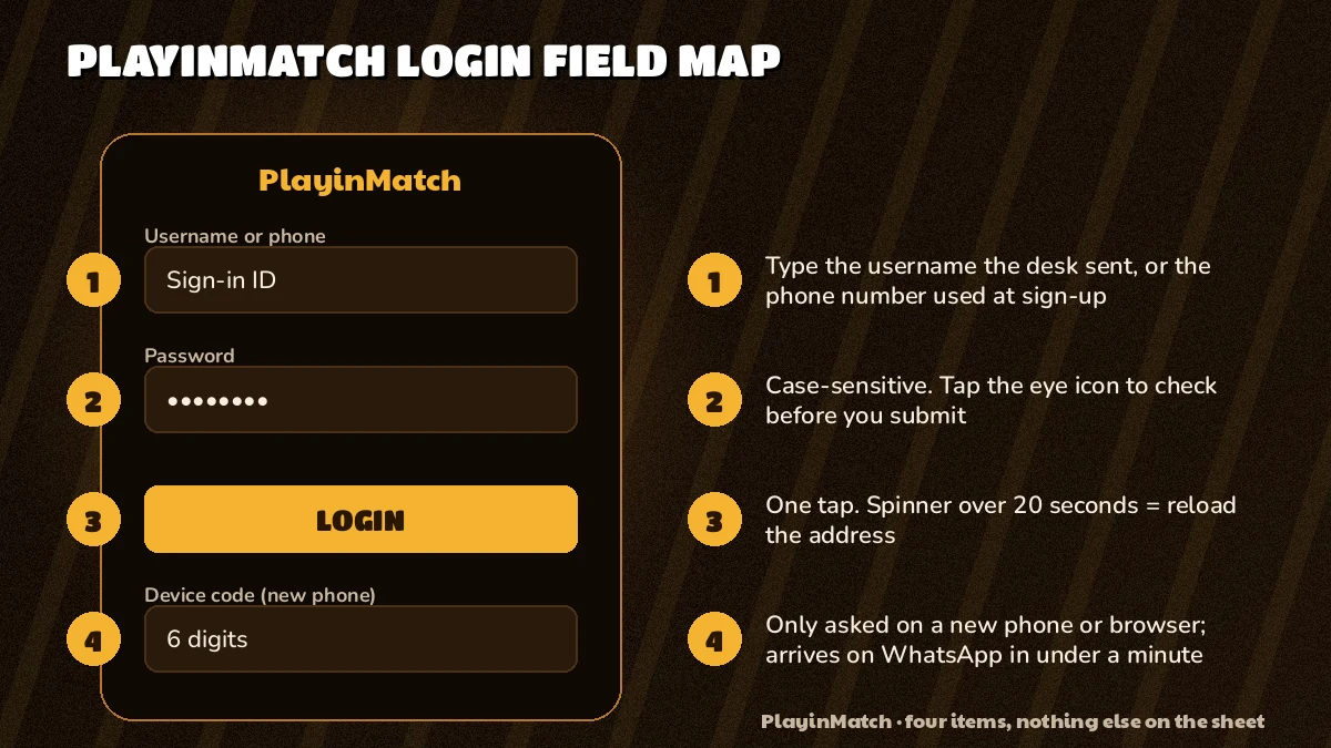 Numbered map of the PlayinMatch login fields with a note beside each box