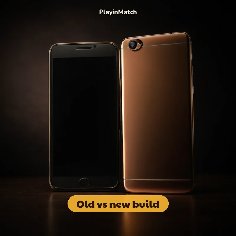 Old and new PlayinMatch builds compared side by side on two phones