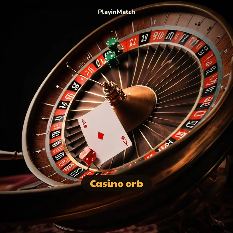 Roulette wheel and card fan inside a bronze PlayinMatch lobby orb