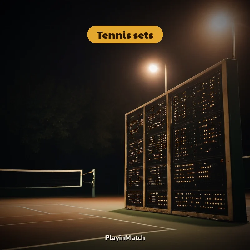 Round badge with tennis set scores beside PlayinMatch prices