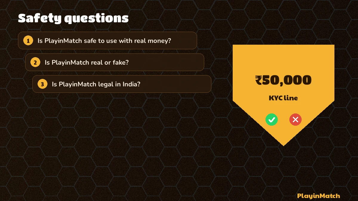 Question cards about PlayinMatch KYC, device codes and payout names