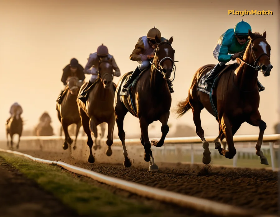 Racehorses rounding the final turn on PlayinMatch